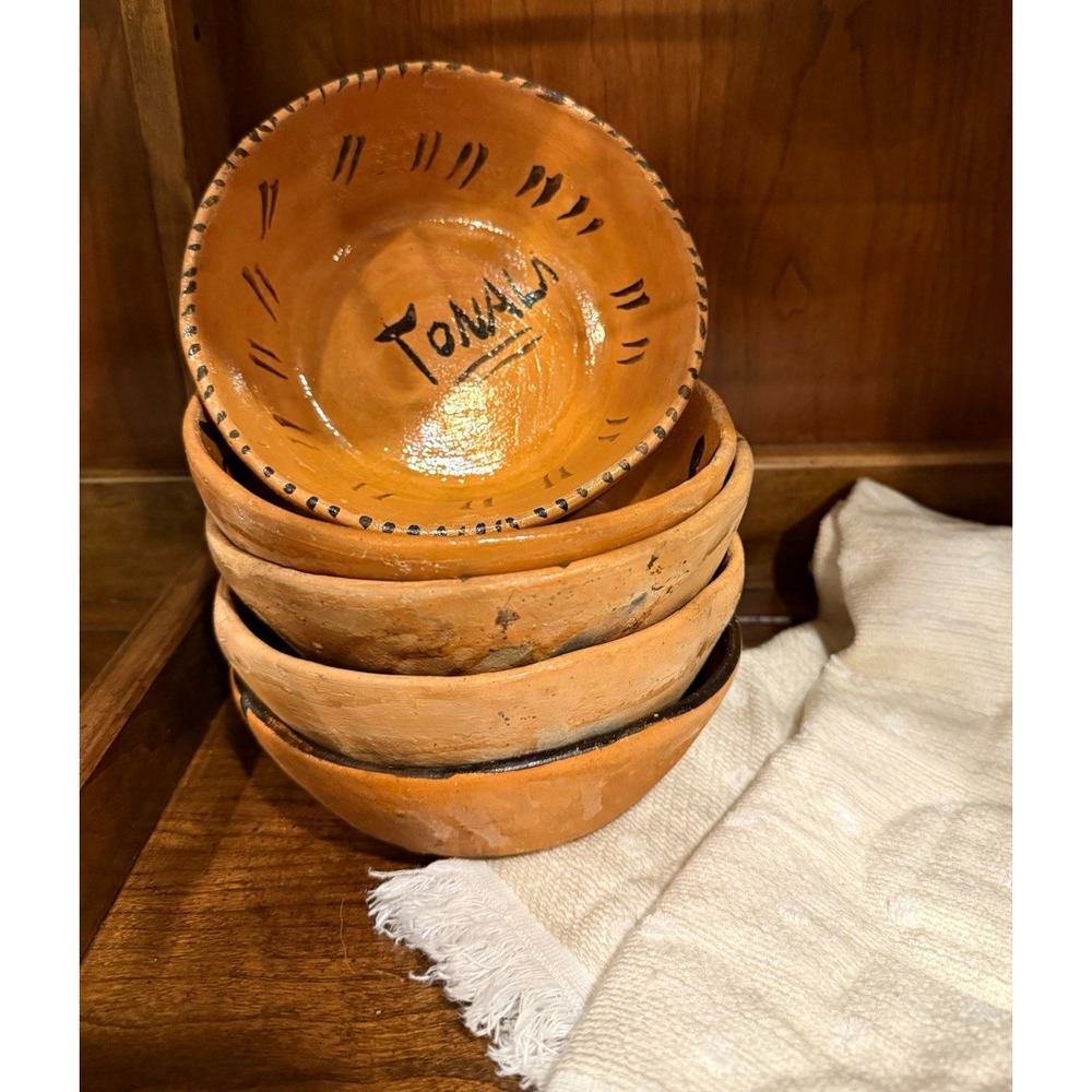 Tonalá Mexican Pottery Bowls Set of 5 Hand-Painted Terracotta, Mexico